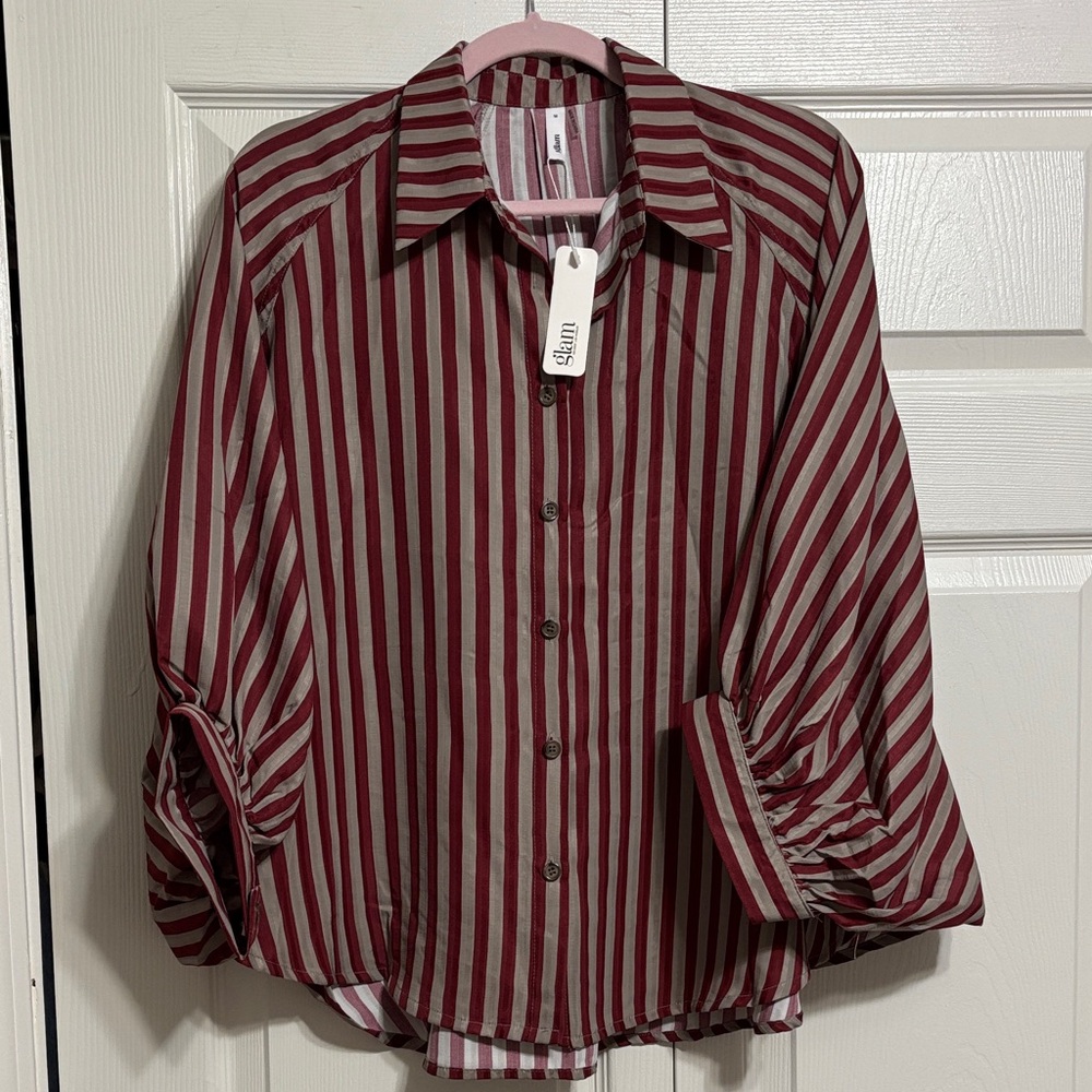 glam Burgundy and Light Gray Vertical Stripe Button-Front Shirt NWT